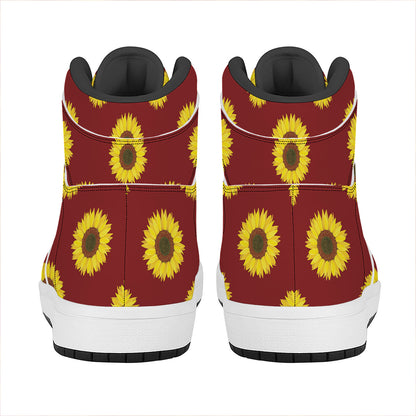 Burgundy Sunflower Pattern Print High Top Leather Sneakers