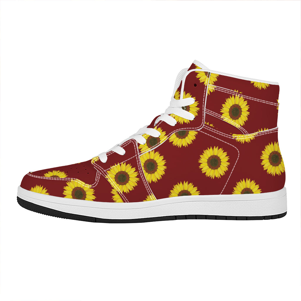 Burgundy Sunflower Pattern Print High Top Leather Sneakers