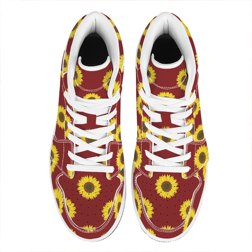 Burgundy Sunflower Pattern Print High Top Leather Sneakers