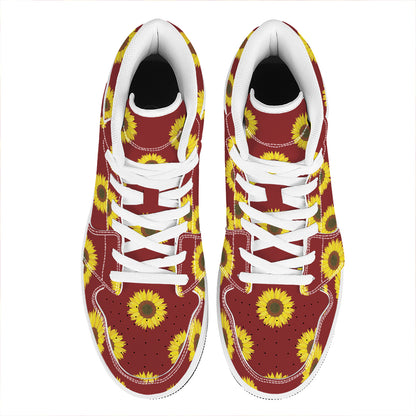 Burgundy Sunflower Pattern Print High Top Leather Sneakers