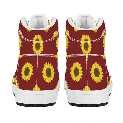 Burgundy Sunflower Pattern Print High Top Leather Sneakers