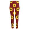 Burgundy Sunflower Pattern Print High-Waisted Pocket Leggings