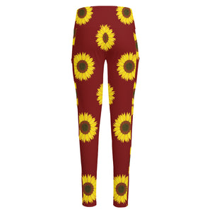 Burgundy Sunflower Pattern Print High-Waisted Pocket Leggings