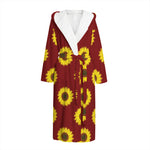 Burgundy Sunflower Pattern Print Hooded Bathrobe