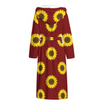 Burgundy Sunflower Pattern Print Hooded Bathrobe