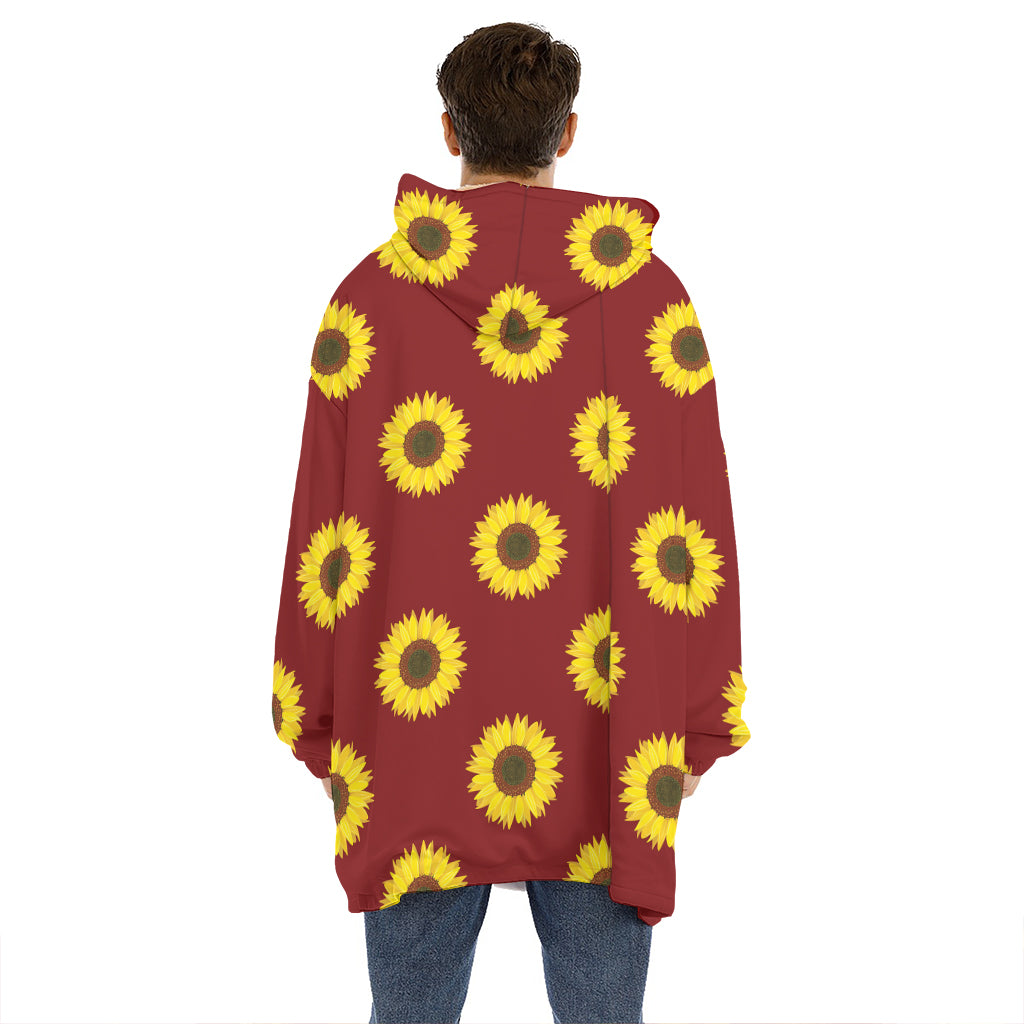 Burgundy Sunflower Pattern Print Hoodie Blanket