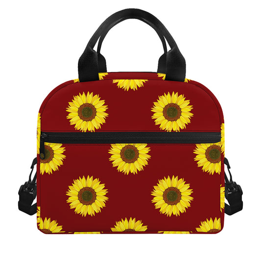 Burgundy Sunflower Pattern Print Insulated Lunch Bag
