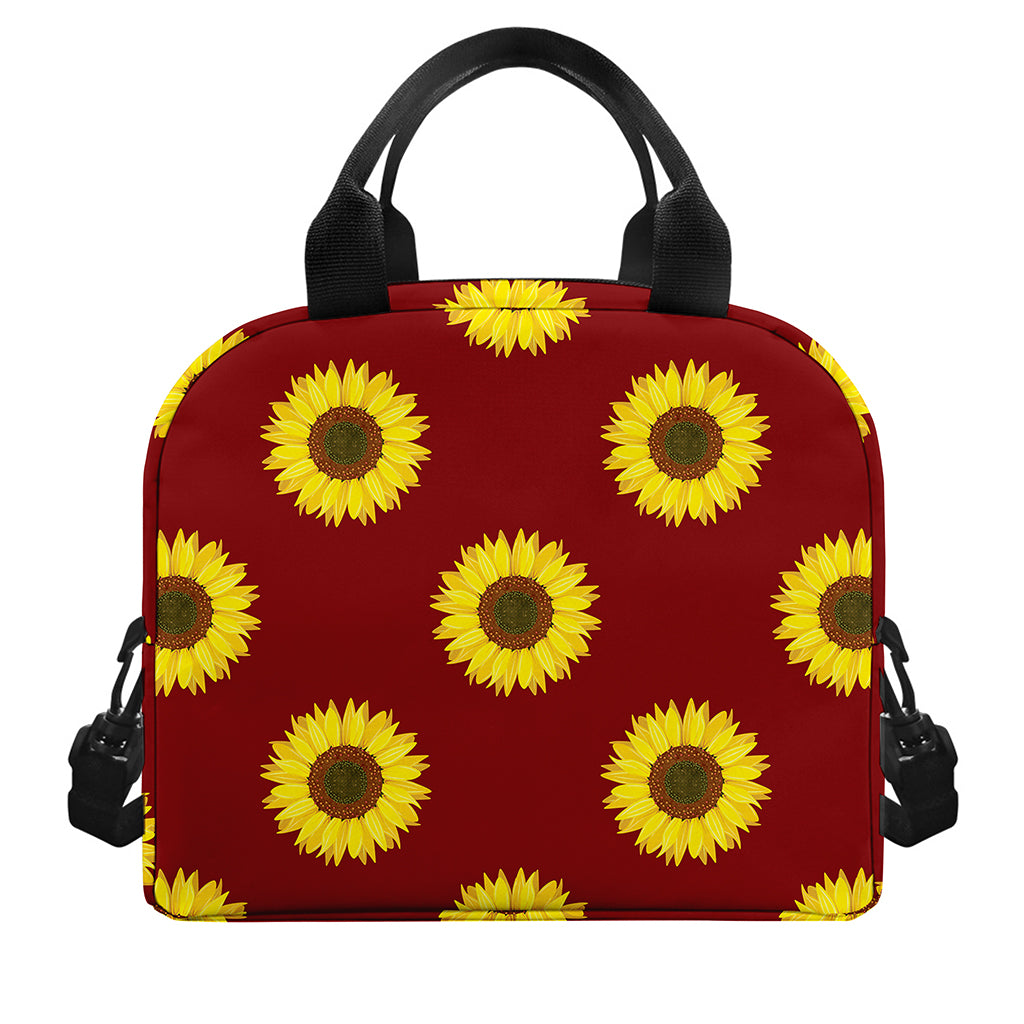Burgundy Sunflower Pattern Print Insulated Lunch Bag