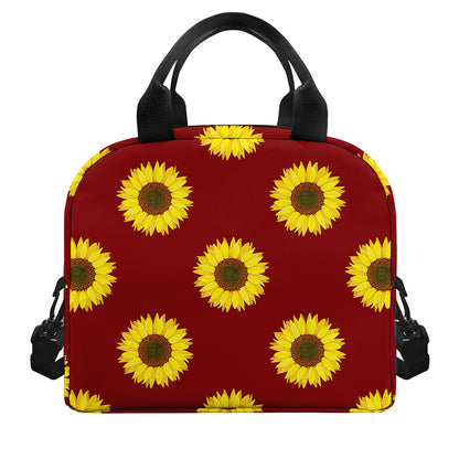Burgundy Sunflower Pattern Print Insulated Lunch Bag