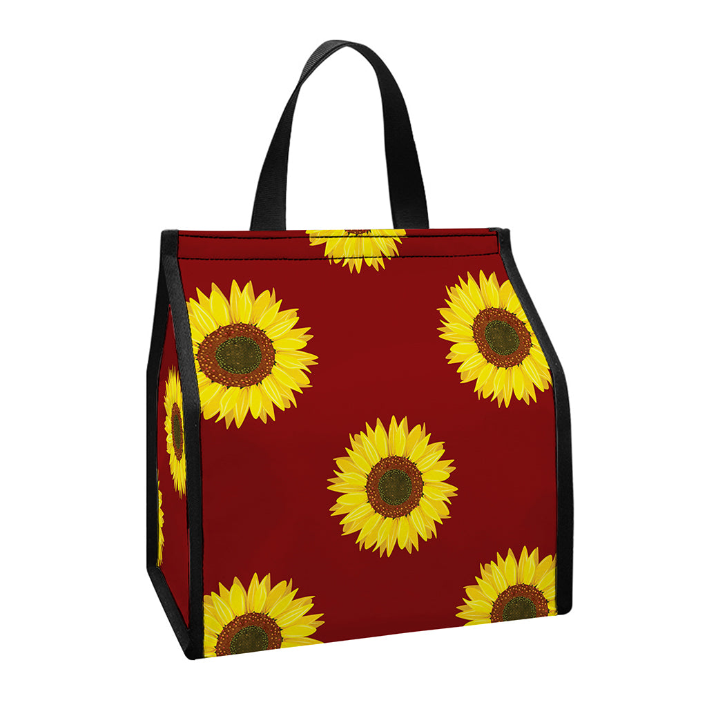 Burgundy Sunflower Pattern Print Insulated Lunch Tote