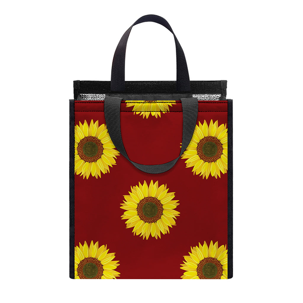 Burgundy Sunflower Pattern Print Insulated Lunch Tote