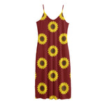 Burgundy Sunflower Pattern Print Jersey Midi Cami Dress