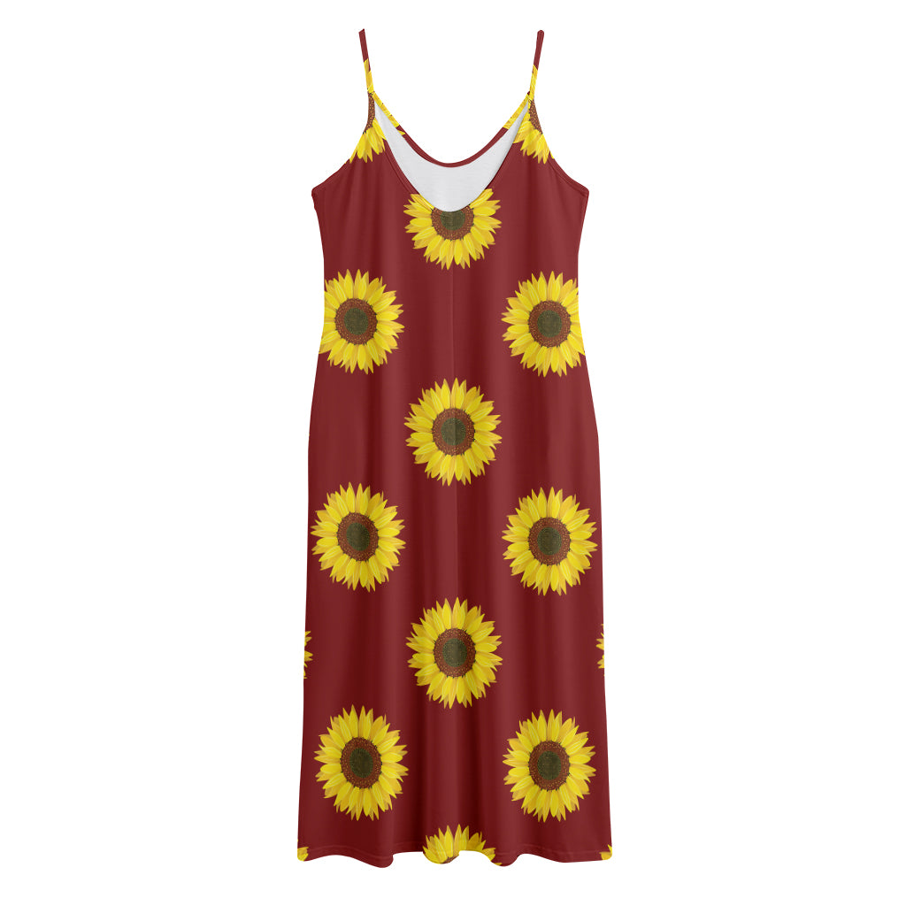 Burgundy Sunflower Pattern Print Jersey Midi Cami Dress