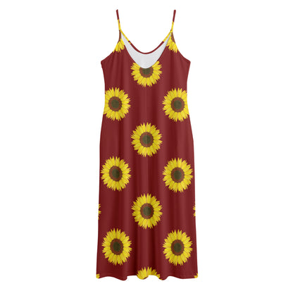 Burgundy Sunflower Pattern Print Jersey Midi Cami Dress