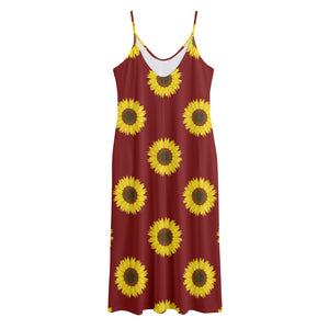 Burgundy Sunflower Pattern Print Jersey Midi Cami Dress