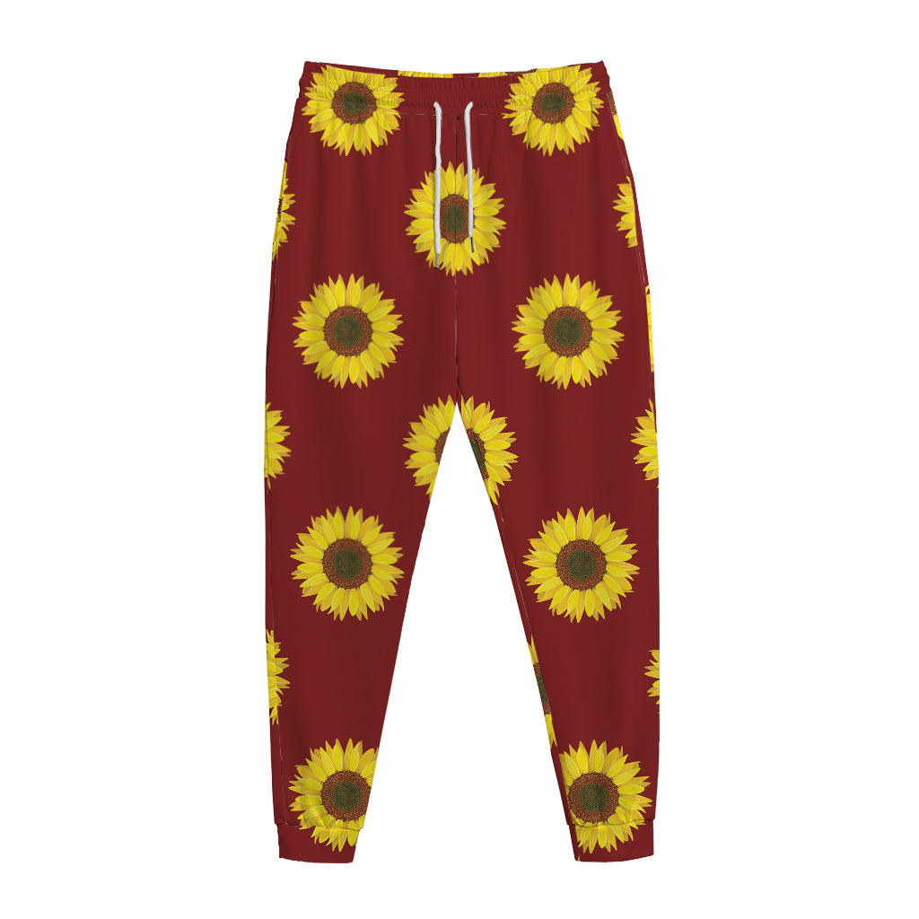 Burgundy Sunflower Pattern Print Jogger Pants