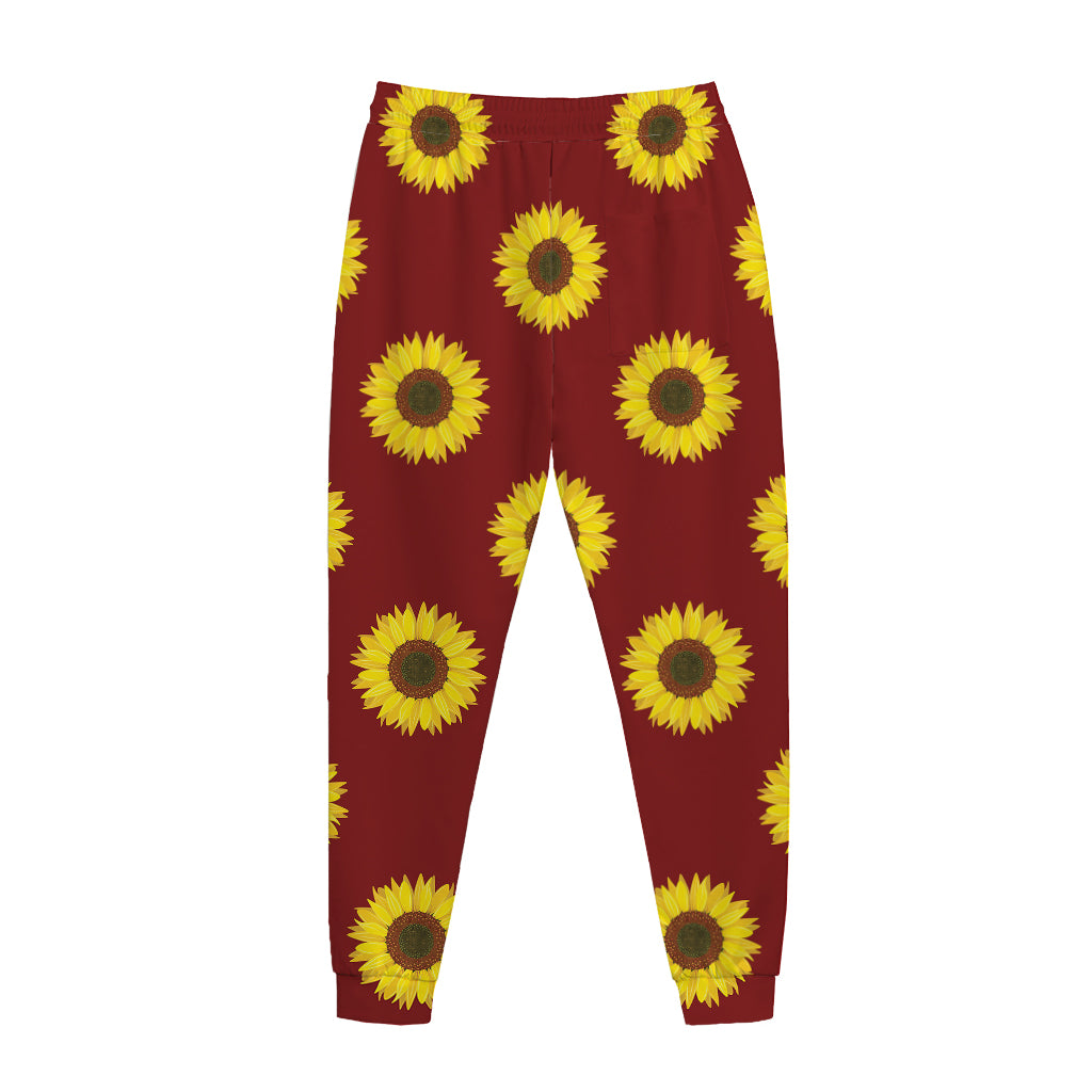 Burgundy Sunflower Pattern Print Jogger Pants