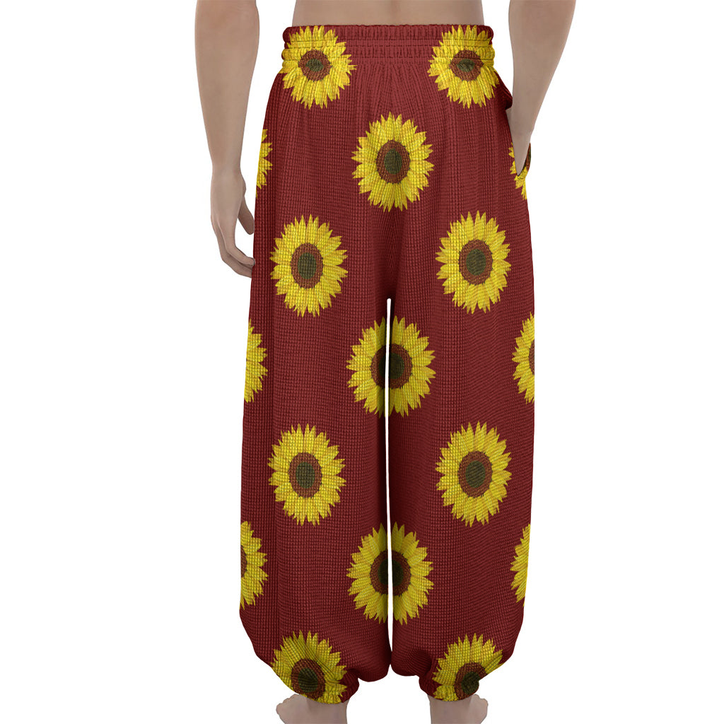 Burgundy Sunflower Pattern Print Lantern Pants