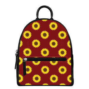 Burgundy Sunflower Pattern Print Leather Backpack