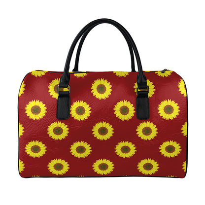 Burgundy Sunflower Pattern Print Leather Duffle Bag
