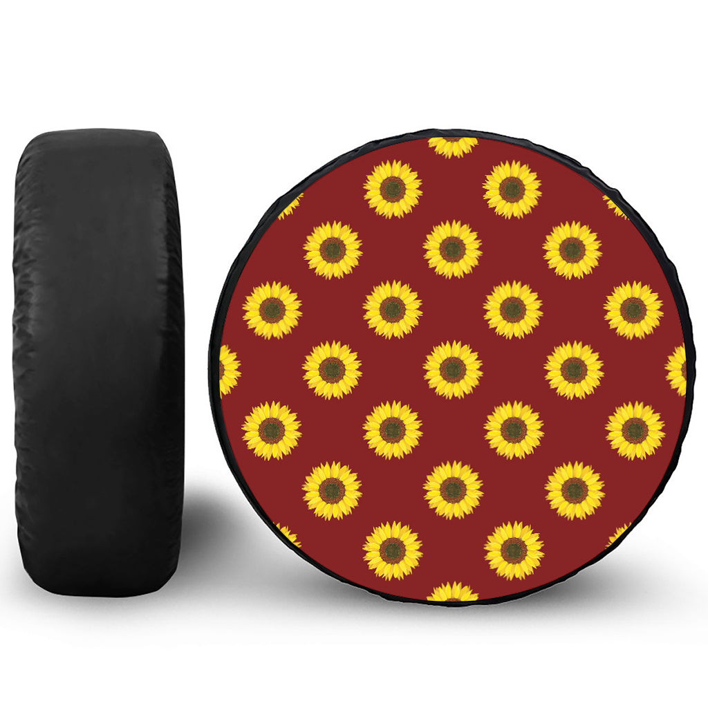 Burgundy Sunflower Pattern Print Leather Spare Tire Cover