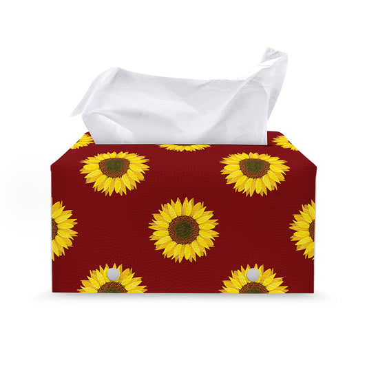 Burgundy Sunflower Pattern Print Leather Tissue Box Cover