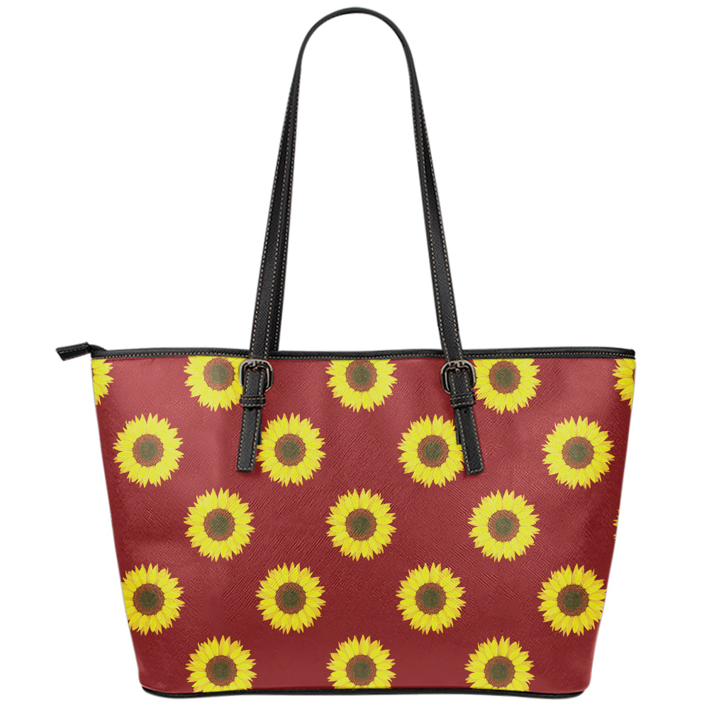 Burgundy Sunflower Pattern Print Leather Tote Bag