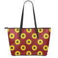 Burgundy Sunflower Pattern Print Leather Tote Bag With Zipper