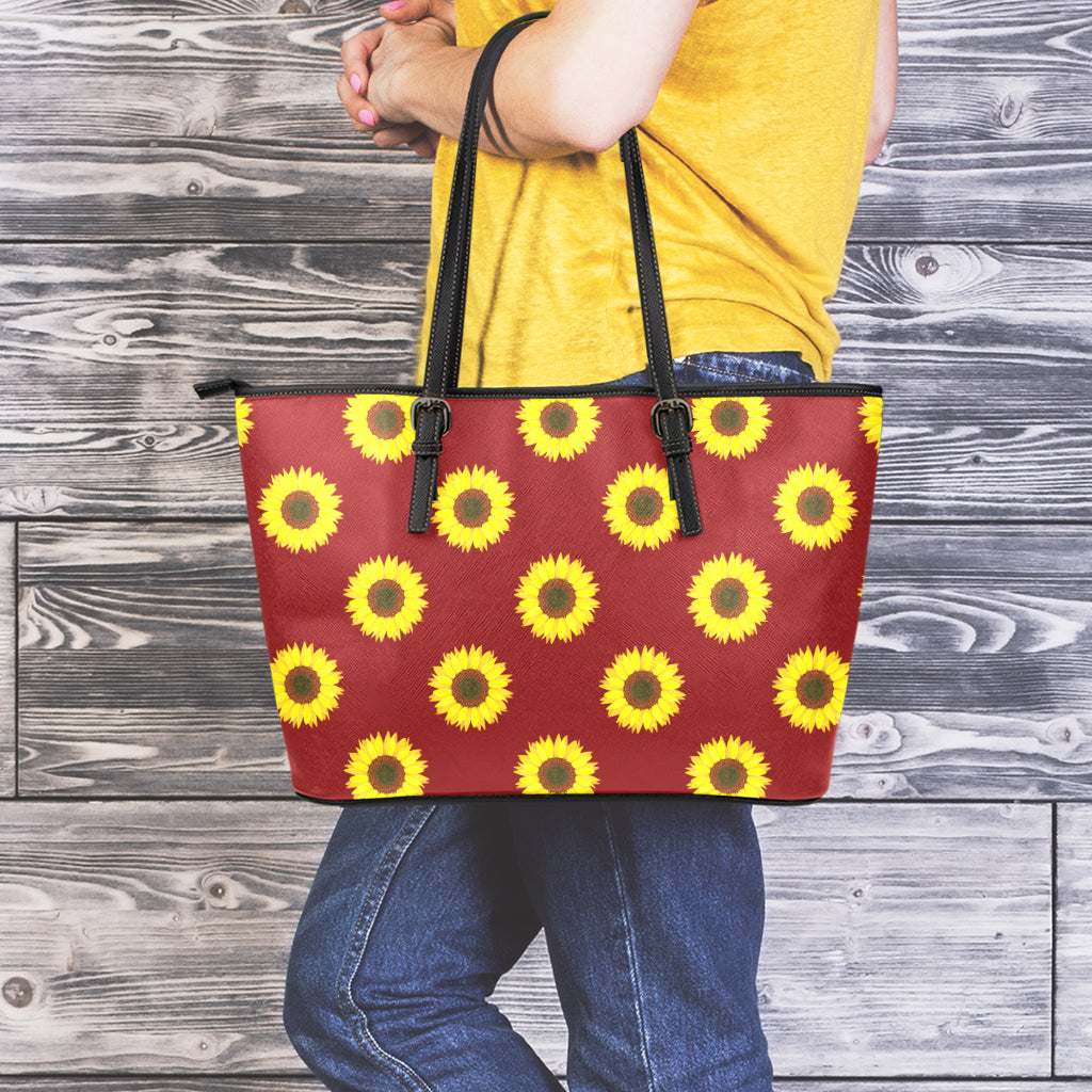 Burgundy Sunflower Pattern Print Leather Tote Bag