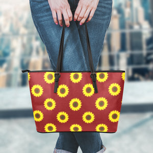 Burgundy Sunflower Pattern Print Leather Tote Bag