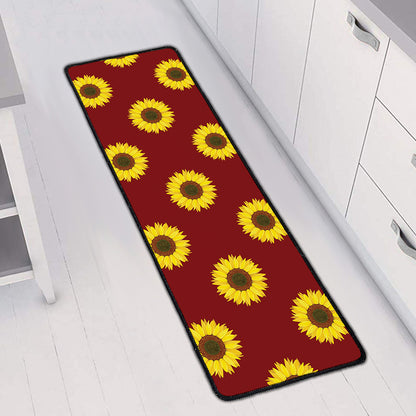 Burgundy Sunflower Pattern Print Long Kitchen Mat