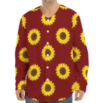 Burgundy Sunflower Pattern Print Long Sleeve Baseball Jersey