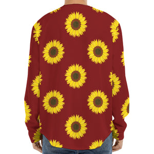 Burgundy Sunflower Pattern Print Long Sleeve Baseball Jersey