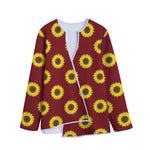 Burgundy Sunflower Pattern Print Long Sleeve Short Coat