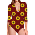 Burgundy Sunflower Pattern Print Long Sleeve Swimsuit