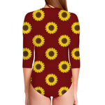 Burgundy Sunflower Pattern Print Long Sleeve Swimsuit