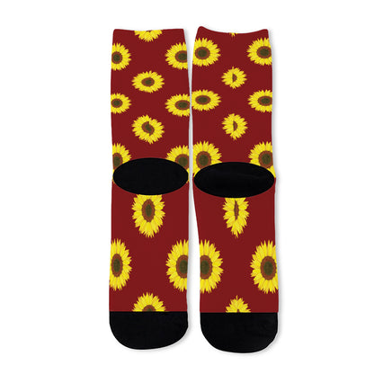 Burgundy Sunflower Pattern Print Long Socks