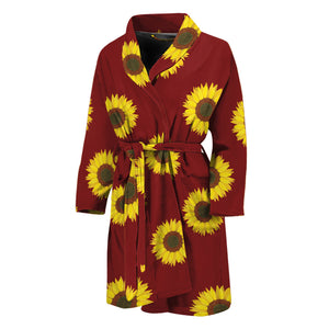 Burgundy Sunflower Pattern Print Men's Bathrobe