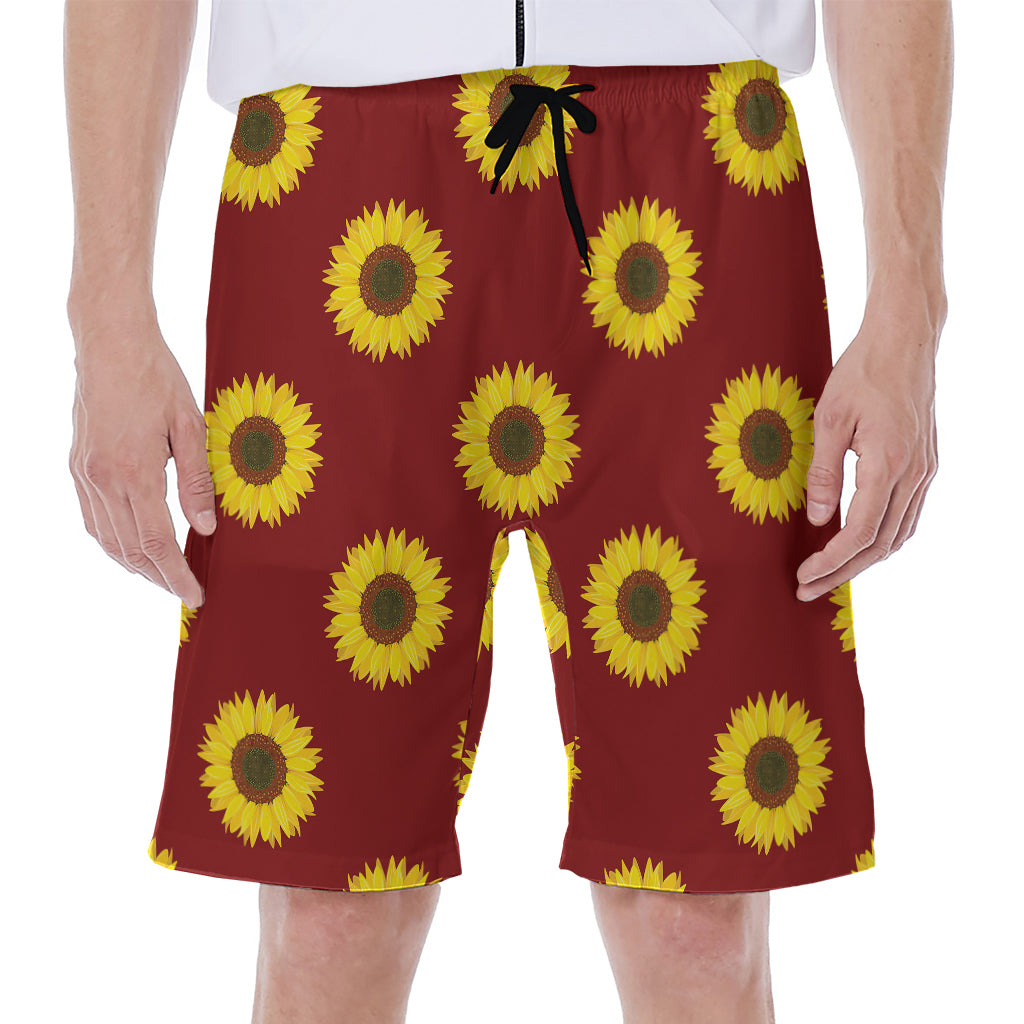 Burgundy Sunflower Pattern Print Men's Beach Shorts