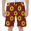 Burgundy Sunflower Pattern Print Men's Beach Shorts