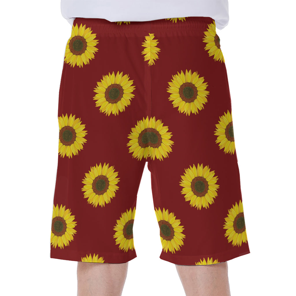 Burgundy Sunflower Pattern Print Men's Beach Shorts