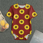 Burgundy Sunflower Pattern Print Men's Bodysuit