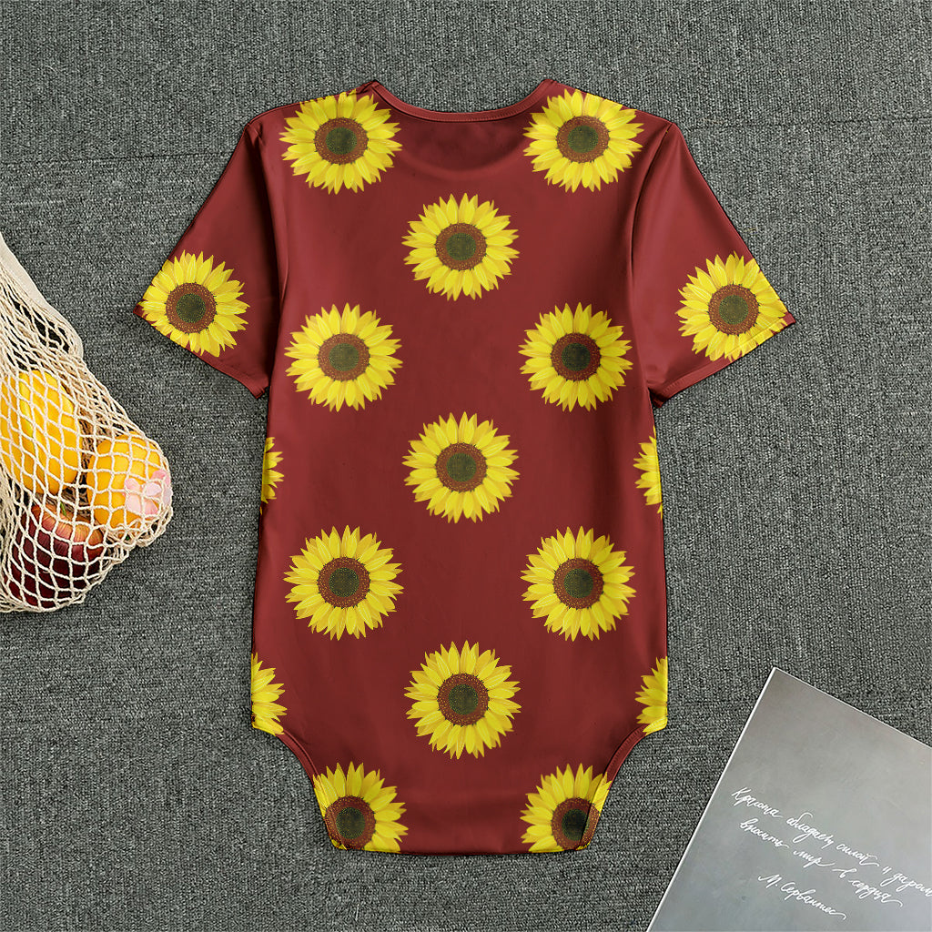 Burgundy Sunflower Pattern Print Men's Bodysuit