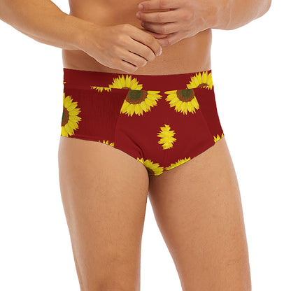 Burgundy Sunflower Pattern Print Men's Briefs