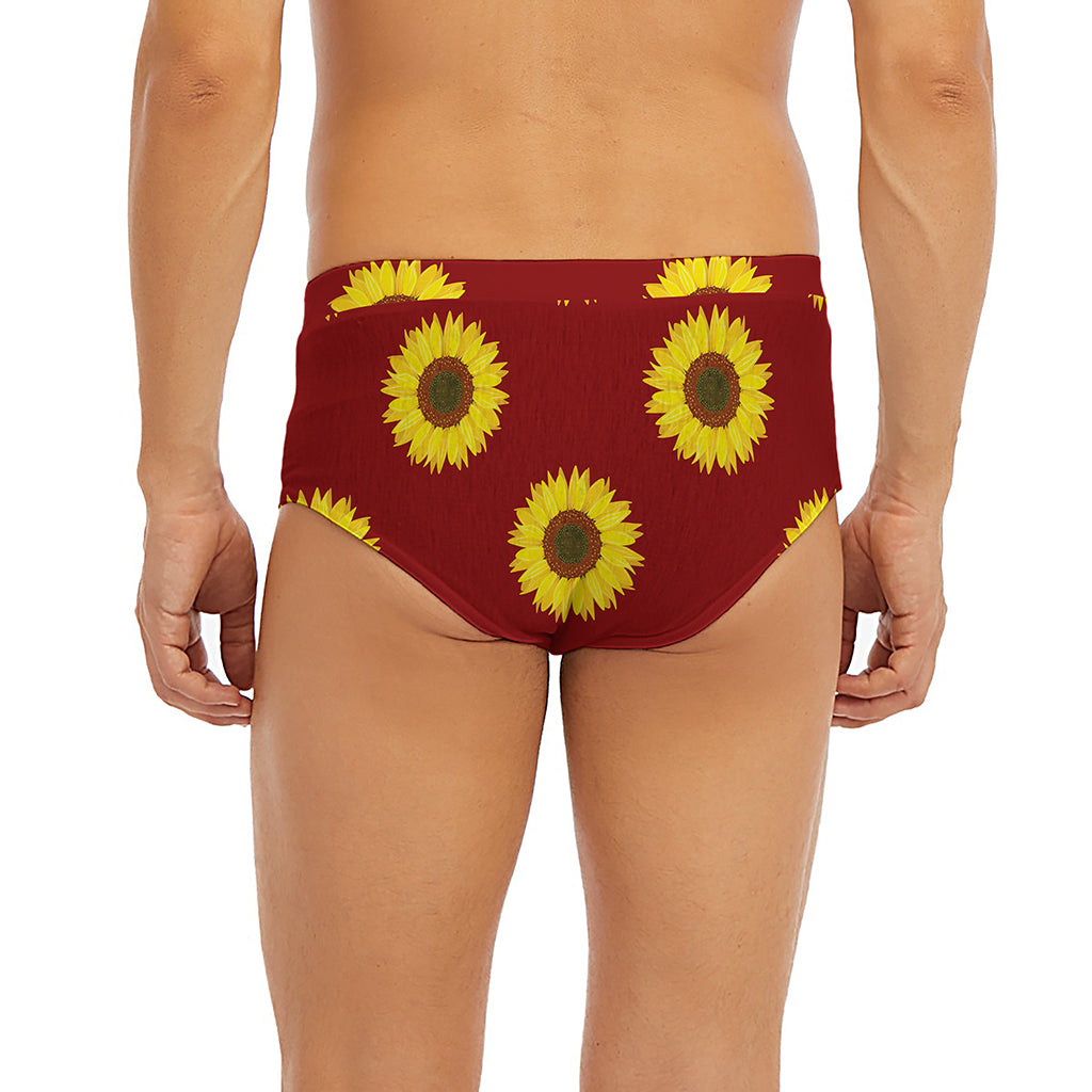 Burgundy Sunflower Pattern Print Men's Briefs