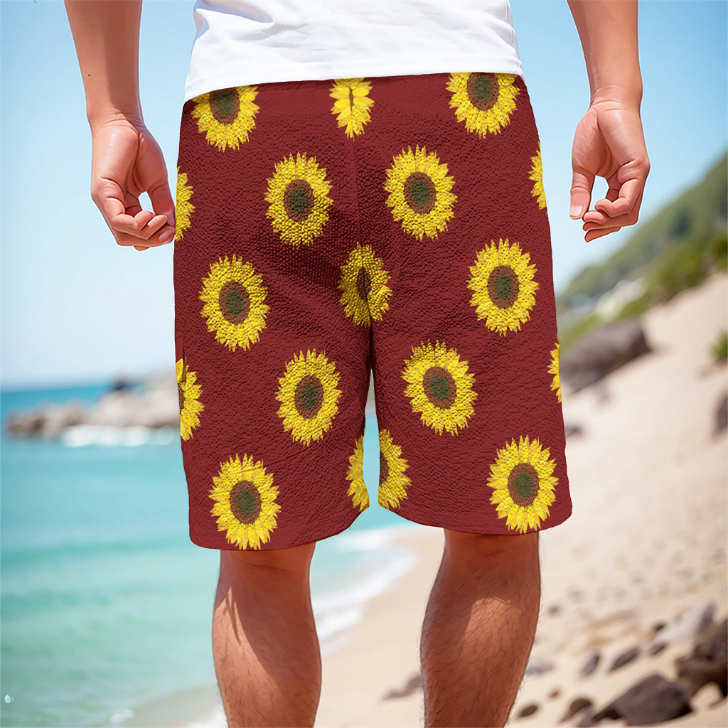 Burgundy Sunflower Pattern Print Men's Cargo Shorts