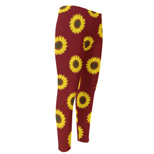 Burgundy Sunflower Pattern Print Men's Compression Pants