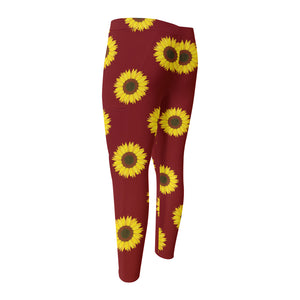 Burgundy Sunflower Pattern Print Men's Compression Pants