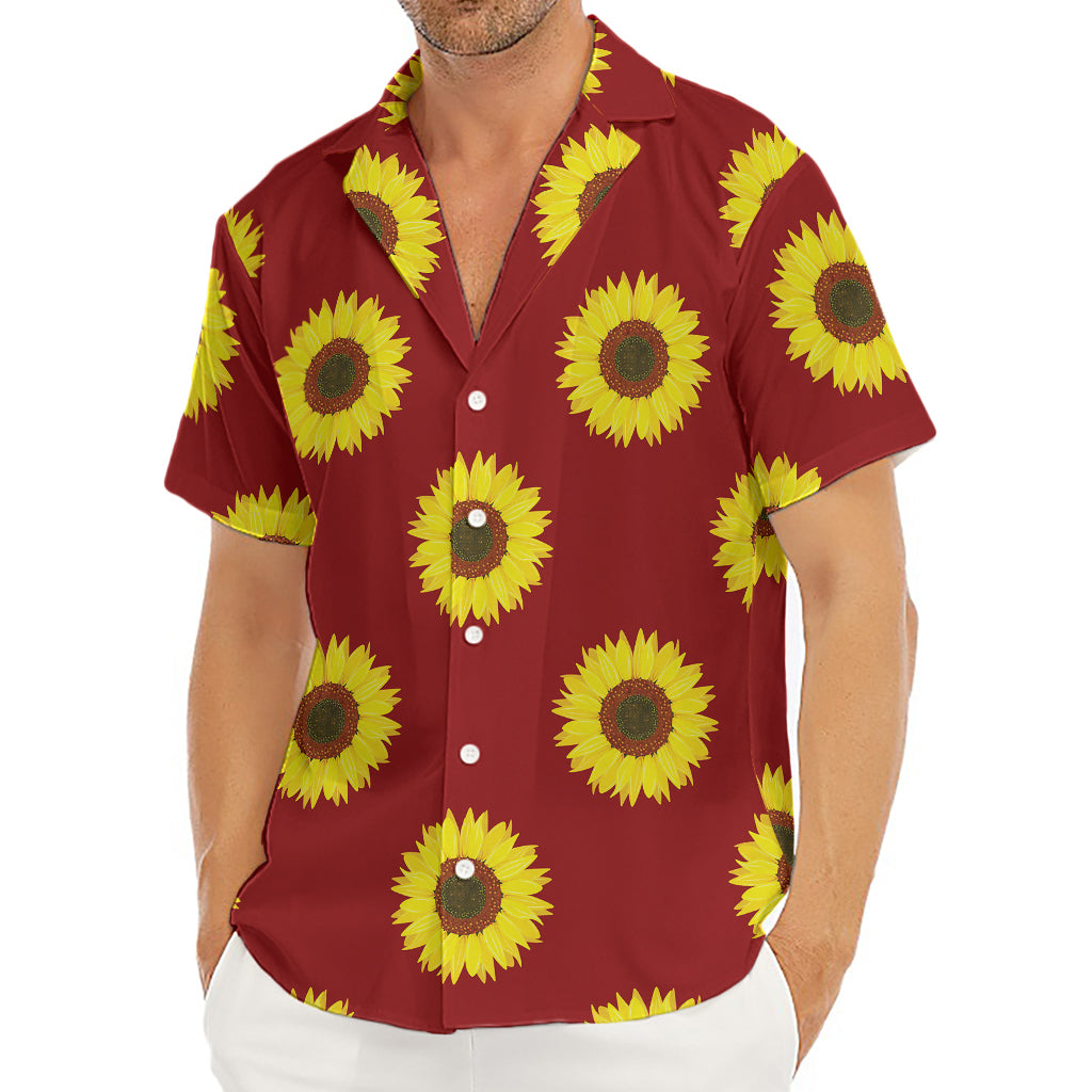 Burgundy Sunflower Pattern Print Men's Deep V-Neck Shirt