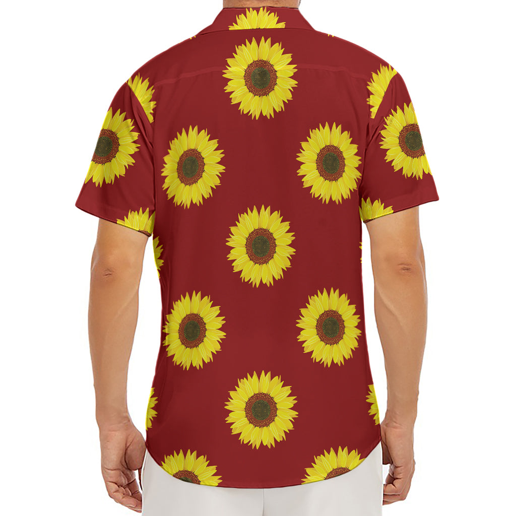 Burgundy Sunflower Pattern Print Men's Deep V-Neck Shirt